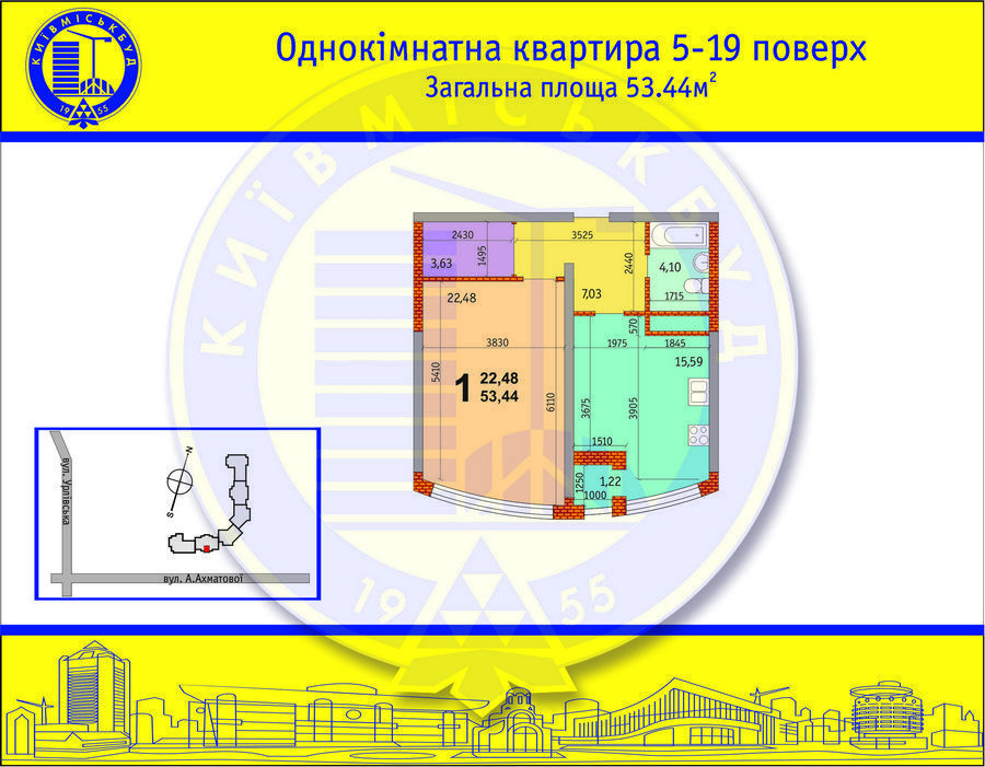 1-кімнатна 54.33 м² в ЖК на вул. Ахматової, 30 (будм-к. 7, Позняки-2) від забудовника, Київ
