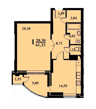 1-кімнатна 61.33 м² в ЖК Приозерний від забудовника, Київ