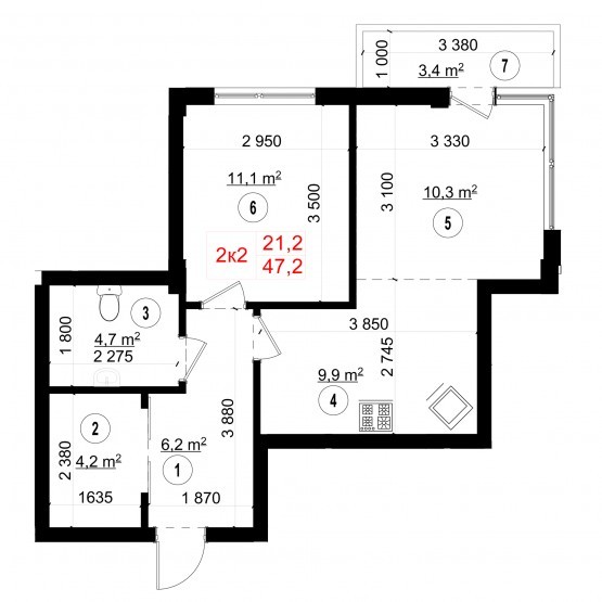 2-комнатная 47.2 м² в ЖК Энергия плюс от застройщика, Киев