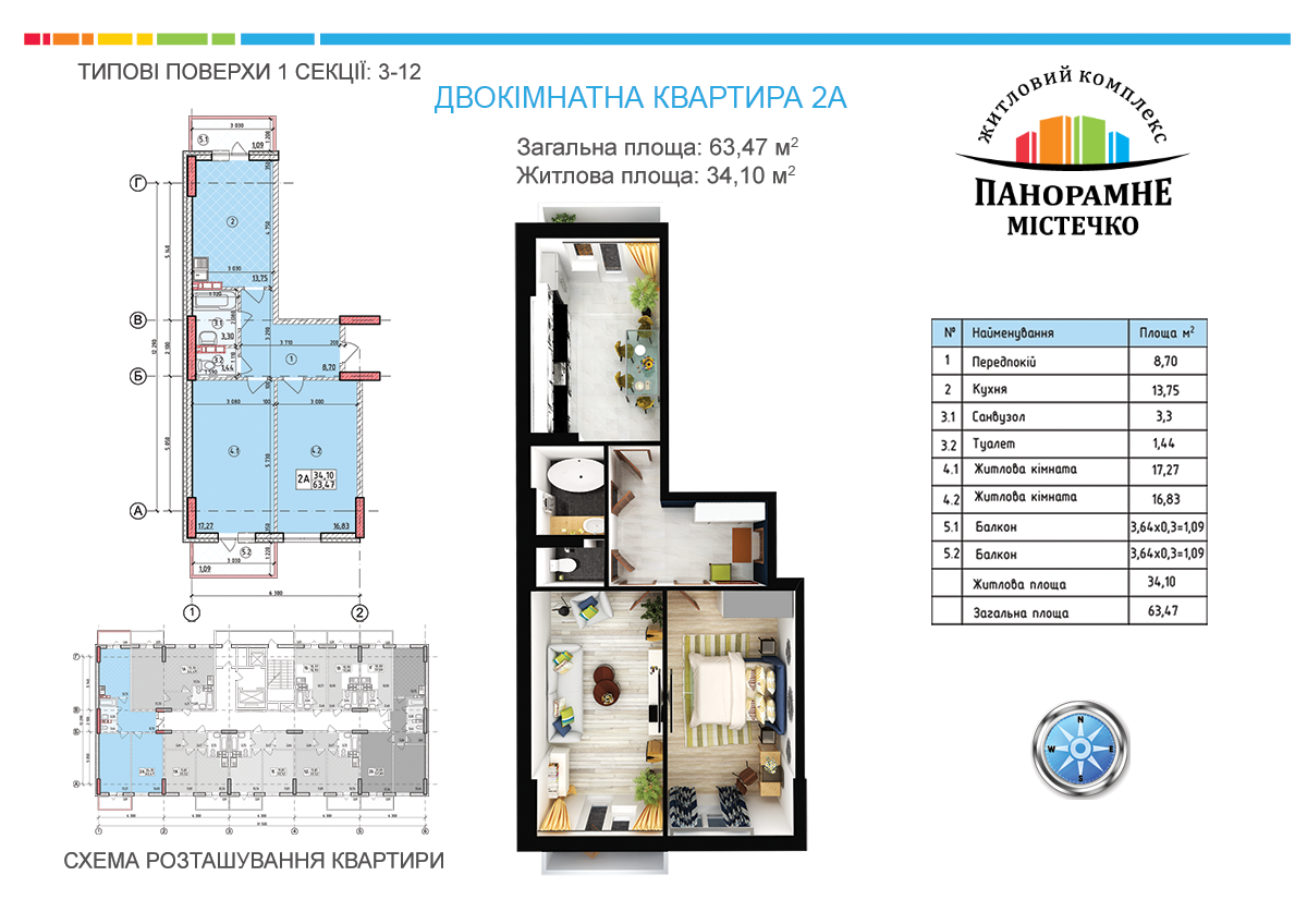 2-кімнатна 63.47 м² в ЖК Panorama city (Деміївський квартал) від забудовника, Київ