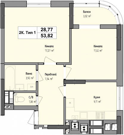 2-кімнатна 53.82 м² в ЖК Чорновола від забудовника, м. Вишневе