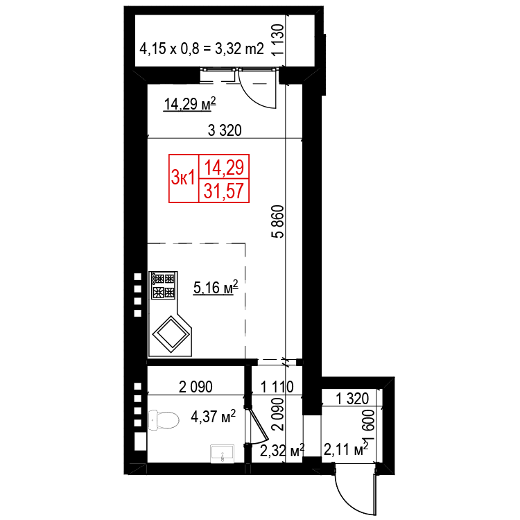 1-кімнатна 31.75 м² в ЖК Панорама від 18 000 грн/м², Київ