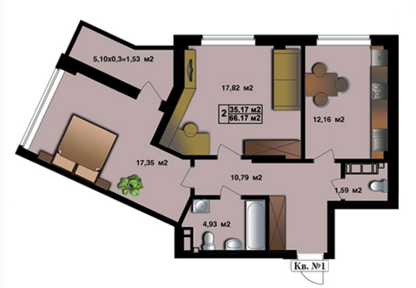 2-комнатная 66.17 м² в ЖК Квитневый Residence от застройщика, г. Вышгород