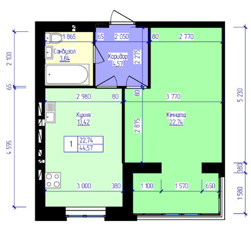 1-комнатная 44.57 м² в ЖК Лазурный от 12 500 грн/м², Харьков