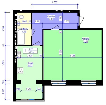 1-комнатная 59.74 м² в ЖК Лазурный от 12 500 грн/м², Харьков