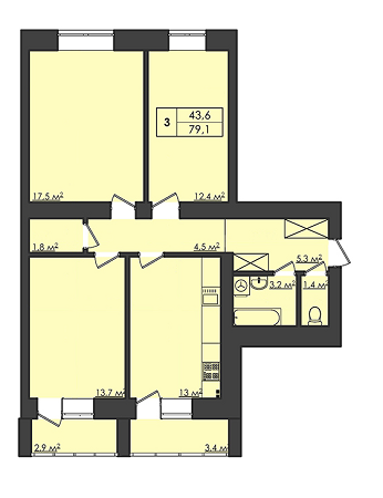3-комнатная 79.1 м² в ЖК Затишний от застройщика, Луцк