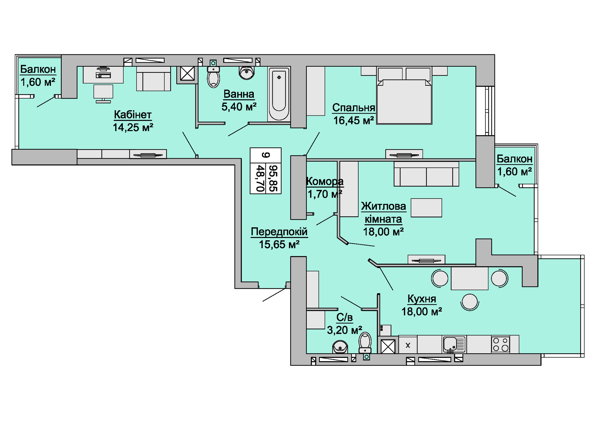 2-комнатная 95.85 м² в ЖК Маєток Миколаївський от застройщика, Черновцы