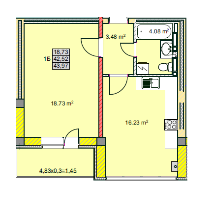 1-комнатная 43.97 м² в ЖК на ул. Текстильников, 26, 26/2 от застройщика, Чернигов