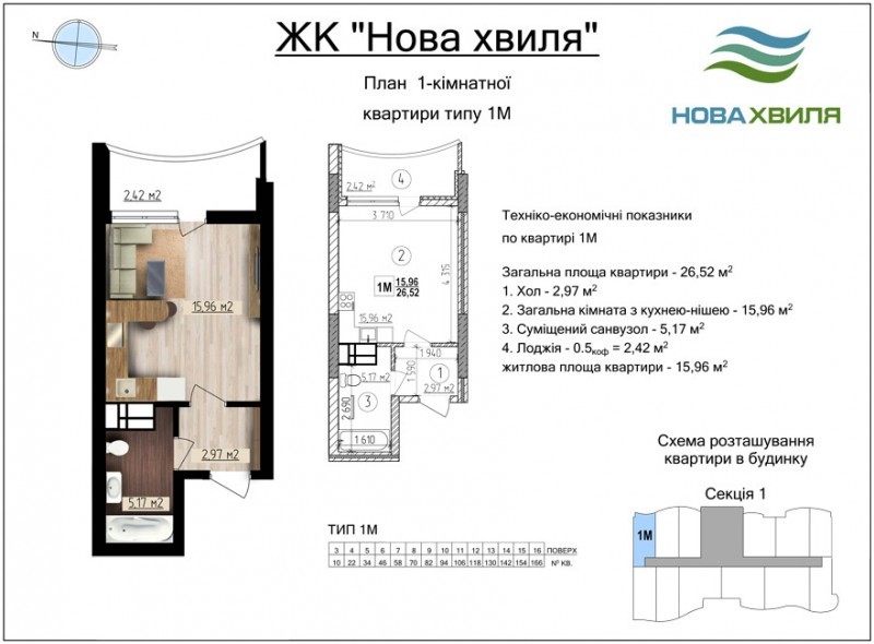 1-комнатная 26.52 м² в ЖК Новая Волна от застройщика, Киев