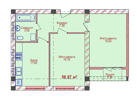 2-кімнатна 56.97 м² в ЖК Парковий від 14 750 грн/м², Ужгород