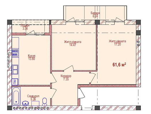 2-кімнатна 61.6 м² в ЖК Парковий від 14 750 грн/м², Ужгород