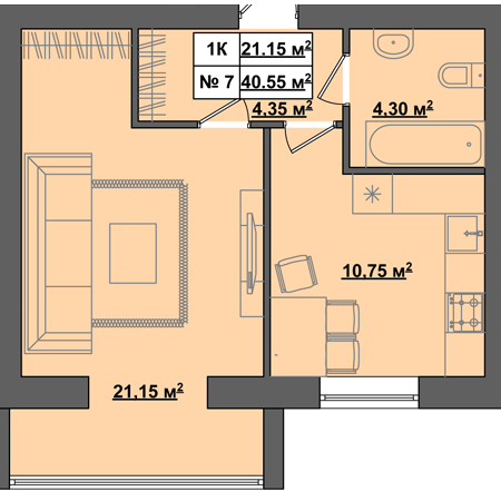 1-комнатная 40.55 м² в ЖК Пражский квартал от застройщика, с. Петропавловская Борщаговка