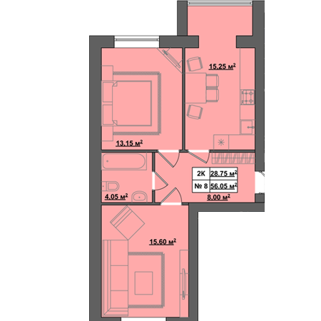 2-комнатная 56.05 м² в ЖК Пражский квартал от застройщика, с. Петропавловская Борщаговка