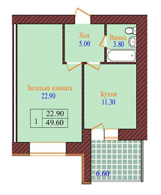 1-комнатная 49.6 м² в ЖК Проспект от застройщика, Хмельницкий