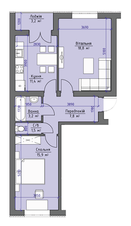 2-комнатная 61.8 м² в ЖК Софиевский пассаж от застройщика, с. Софиевская Борщаговка