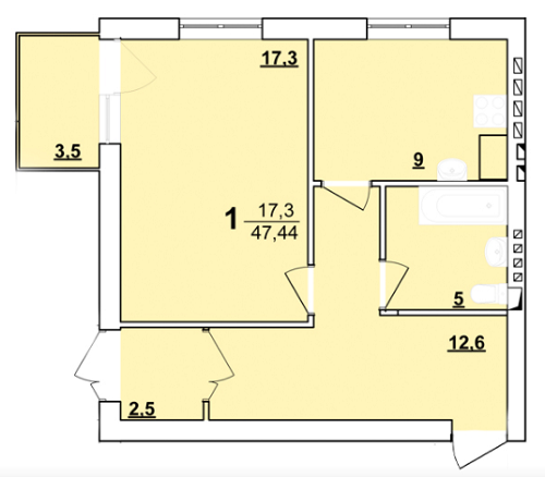 1-комнатная 47.44 м² в ЖК Твой Дом от застройщика, с. Софиевская Борщаговка
