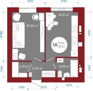 1-кімнатна 39.57 м² в ЖК Олімп від 23 250 грн/м², м. Ірпінь