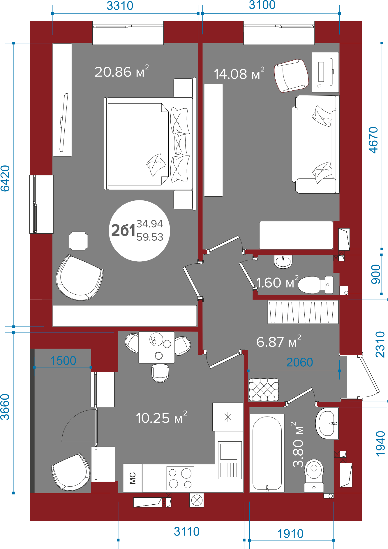 2-комнатная 59.53 м² в ЖК Олимп от 17 000 грн/м², г. Ирпень