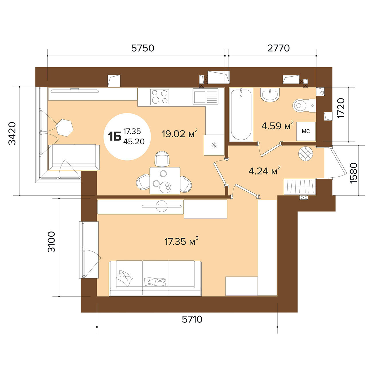 1-кімнатна 45.2 м² в ЖК Фаворит Premium від 26 050 грн/м², м. Ірпінь
