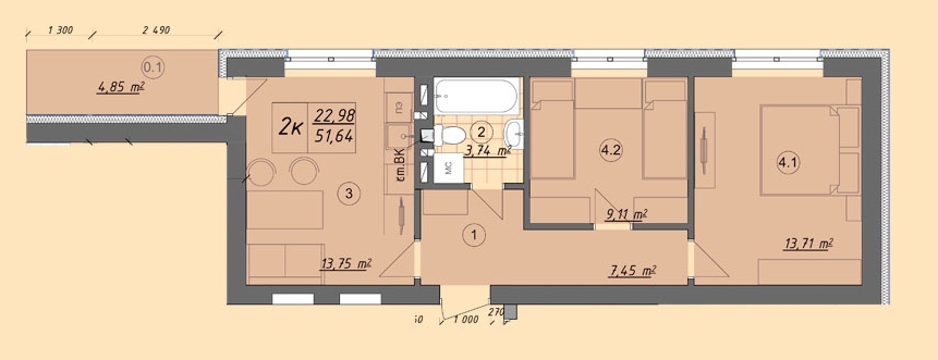 2-кімнатна 51.64 м² в ЖК Власна квартира від 32 500 грн/м², Київ
