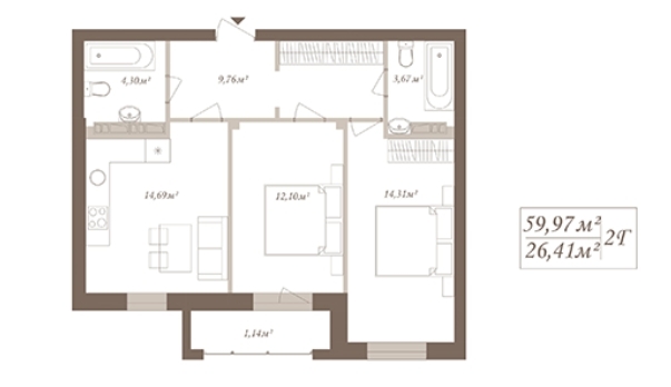 2-комнатная 59.97 м² в ЖК SloveSky от 19 500 грн/м², Киев