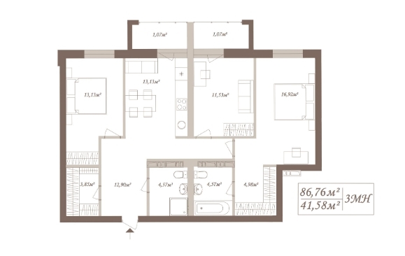 3-комнатная 86.76 м² в ЖК SloveSky от застройщика, Киев