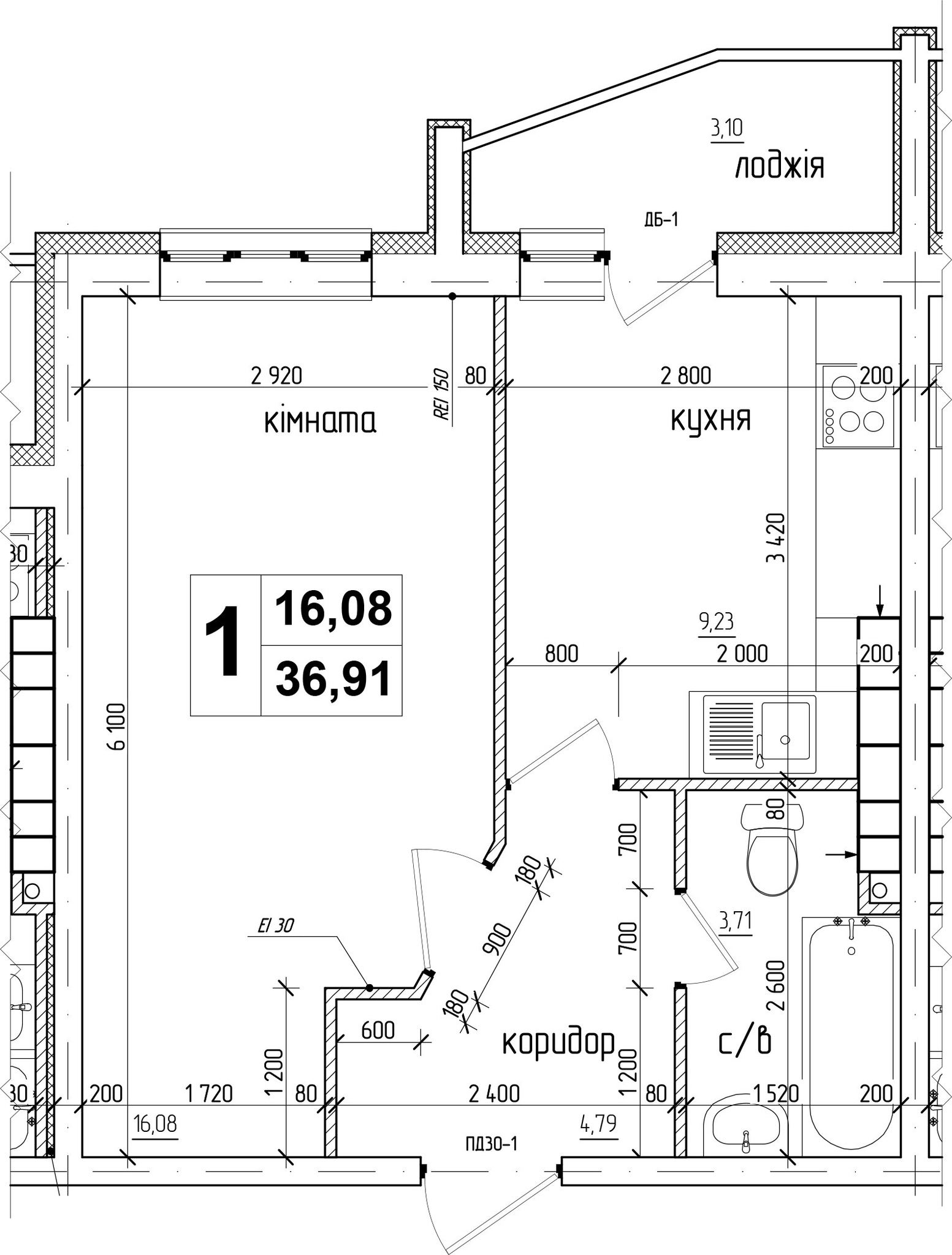 Однокомнатная планировка квартиры 36.91 м² в ЖК АТЛАНТ (Коцюбинское), пгт  Коцюбинское — Bild.ua