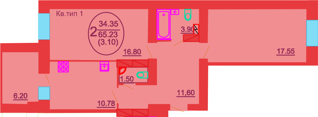 2-комнатная 65.23 м² в ЖК София Киевская от 17 500 грн/м², с. Софиевская Борщаговка