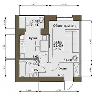 1-комнатная 37.17 м² в ЖК Софиевский квартал от 21 000 грн/м², с. Софиевская Борщаговка