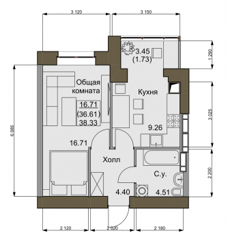 1-комнатная 38.33 м² в ЖК Софиевский квартал от 21 000 грн/м², с. Софиевская Борщаговка