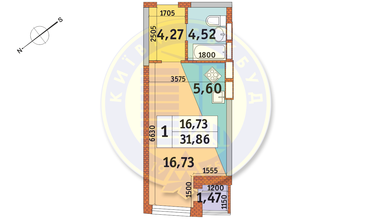 1-комнатная 31.86 м² в ЖК Медовый от 24 450 грн/м², Киев