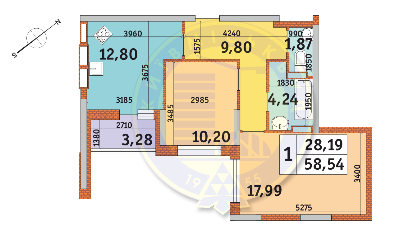 2-комнатная 58.54 м² в ЖК Медовый от 21 924 грн/м², Киев
