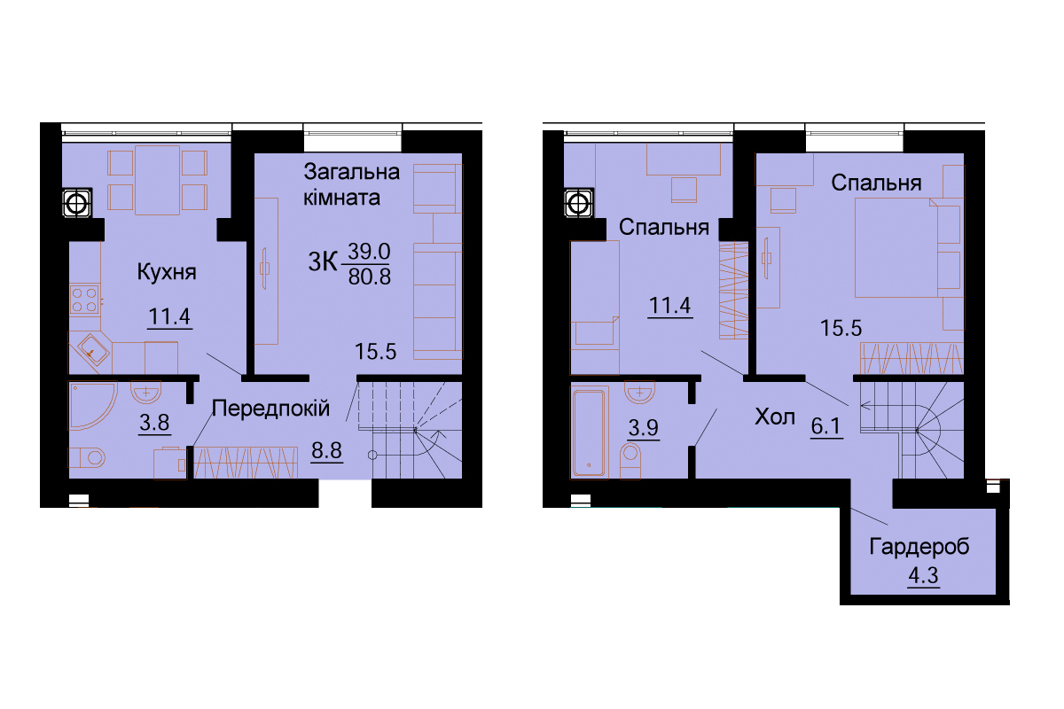 Двухуровневая планировка квартиры 80.8 м² в ЖК Львовский маеток, с.  Софиевская Борщаговка — Bild.ua