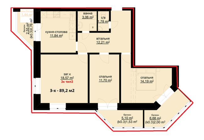 3-кімнатна 89.2 м² в ЖК Набережний від 25 000 грн/м², м. Біла Церква