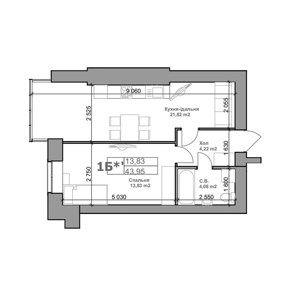 1-комнатная 43.95 м² в ЖК Родной от 13 800 грн/м², с. Гатное