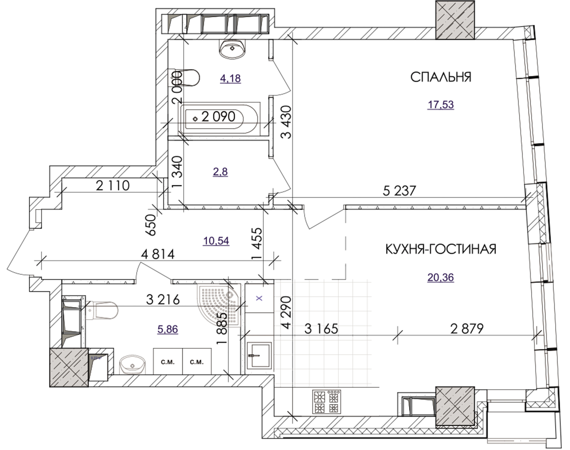 Однокомнатная планировка квартиры 60.52 м² в ЖК Park Avenue VIP, Киев —  Bild.ua