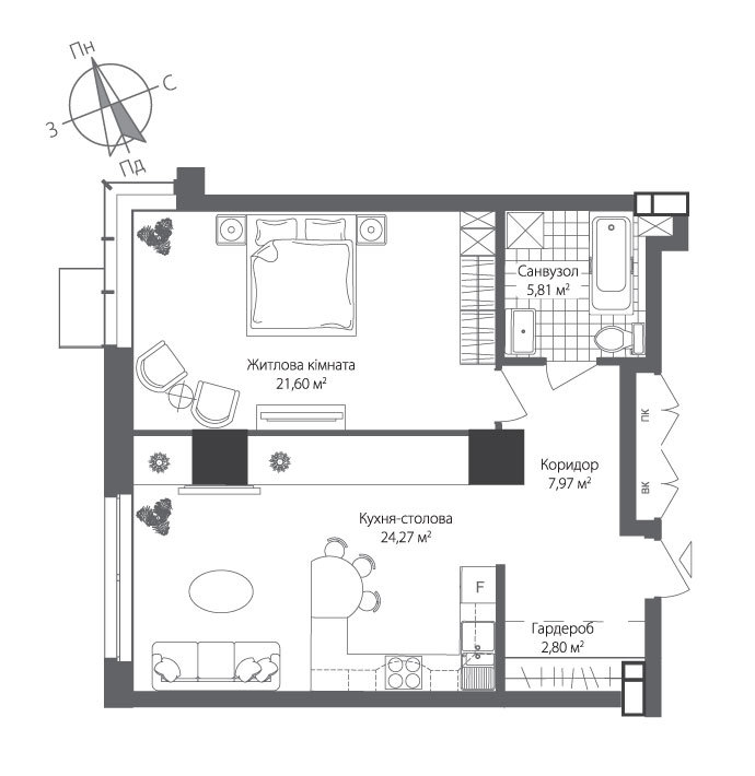 1-кімнатна 62.45 м² в ЖК RiverStone від 44 900 грн/м², Київ