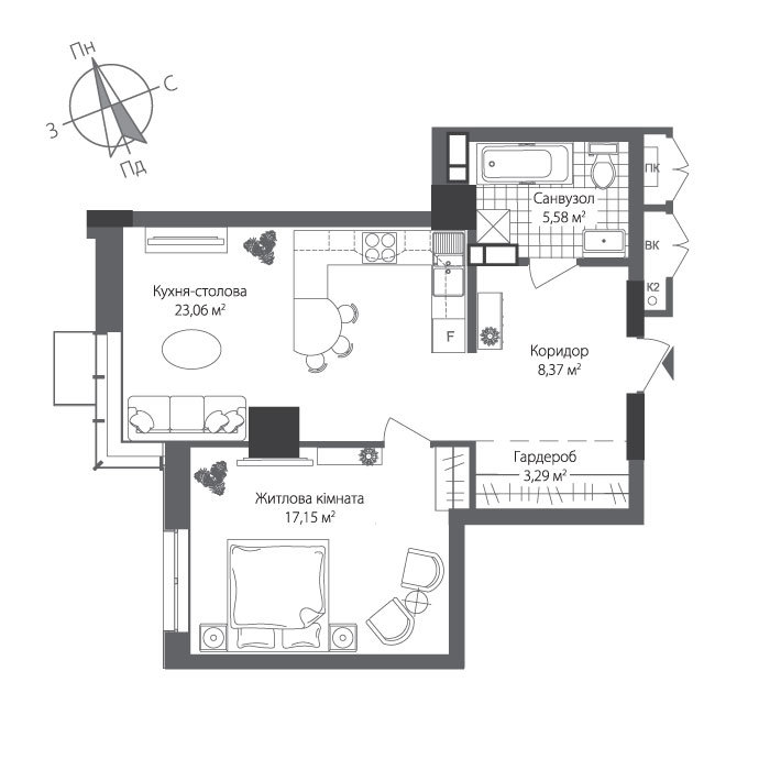 1-кімнатна 57.45 м² в ЖК RiverStone від 44 900 грн/м², Київ
