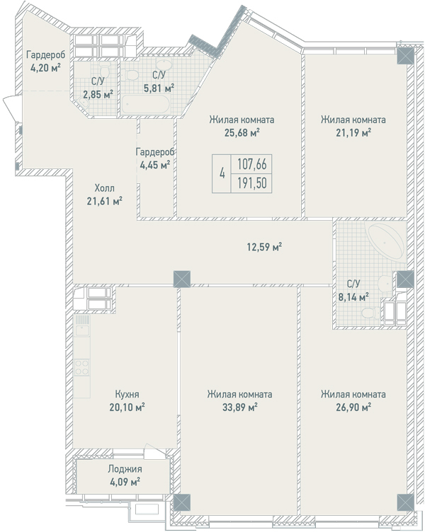 4-комнатная 191.5 м² в ЖК Бульвар Фонтанов от 71 280 грн/м², Киев