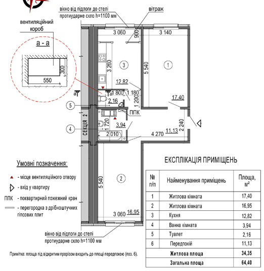 2-кімнатна 64.4 м² в ЖК Еврика від 19 506 грн/м², Київ