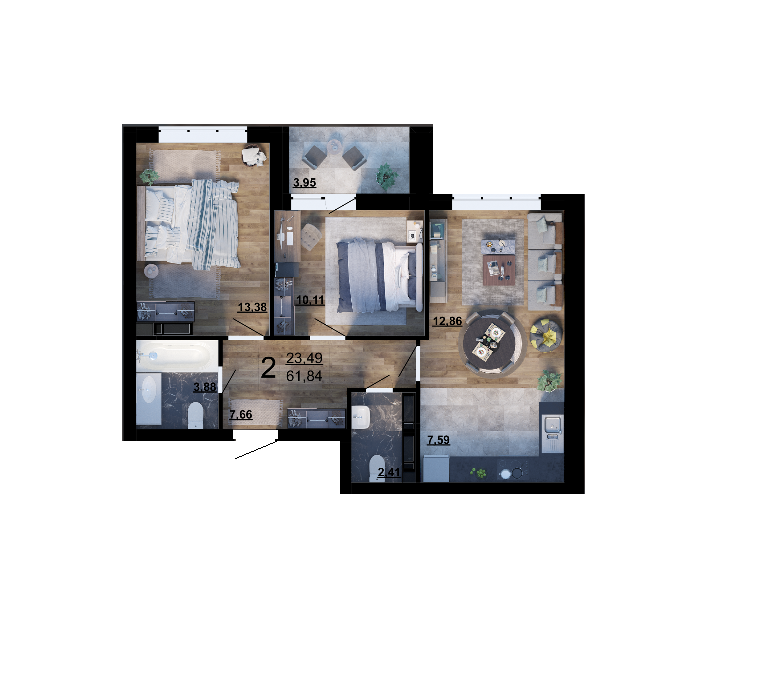 2-комнатная 61.84 м² в ЖК Парковый квартал «Город цветов» от 25 700 грн/м², Киев