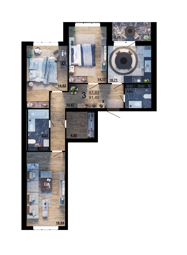 3-комнатная 91.4 м² в ЖК Парковый квартал «Город цветов» от 24 200 грн/м², Киев