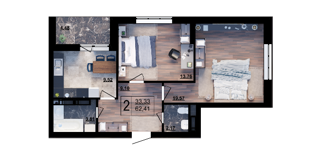 2-комнатная 62.41 м² в ЖК Парковый квартал «Город цветов» от 25 700 грн/м², Киев