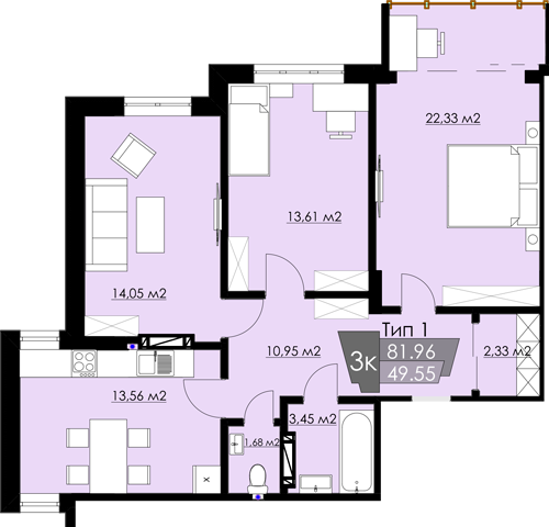 3-кімнатна 81.96 м² в ЖК Resident Hall від 18 750 грн/м², Львів