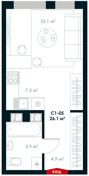 1-комнатная 26.1 м² в ЖК Atria City.Teremky от 18 040 грн/м², пгт Чабаны