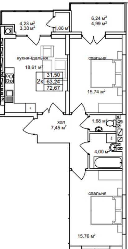 2-комнатная 72.67 м² в ЖК Софиевка от 23 500 грн/м², Львов