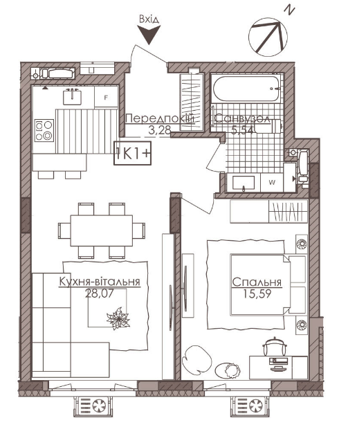 1-кімнатна 52.48 м² в ЖК Камертон від 35 800 грн/м², Київ