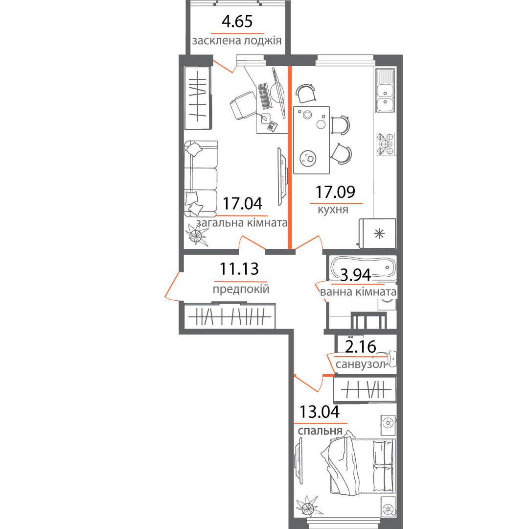 2-комнатная 69.5 м² в ЖК Привітний квартал от застройщика, Киев