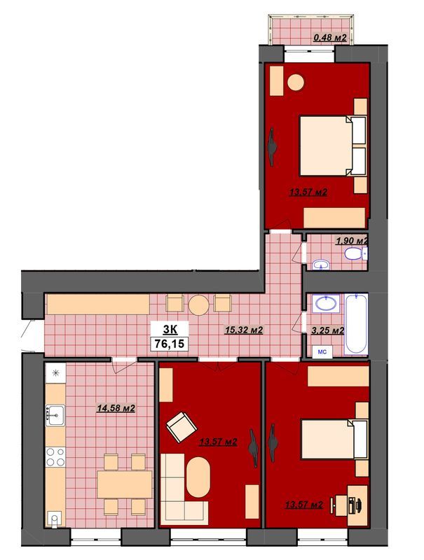 3-кімнатна 76.15 м² в ЖК Гетьманський від 14 200 грн/м², Івано-Франківськ