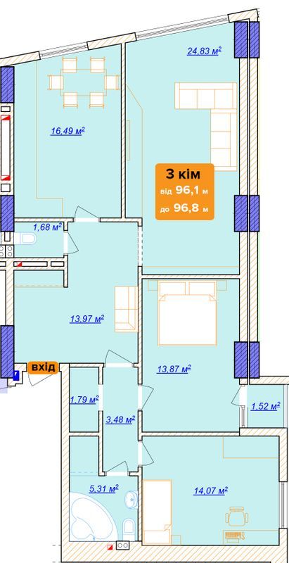 3-кімнатна 96.8 м² в ЖК на вул. Богунська, 1 від забудовника, Івано-Франківськ